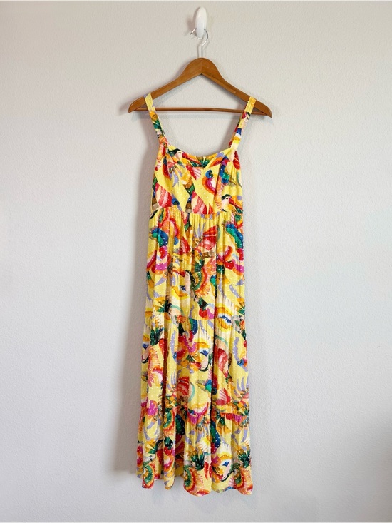 FARM Rio Dresses & Skirts - Farm Rio Toucan Yellow Swiss Dot Textured Tropical Tiered Maxi Dress Size Small